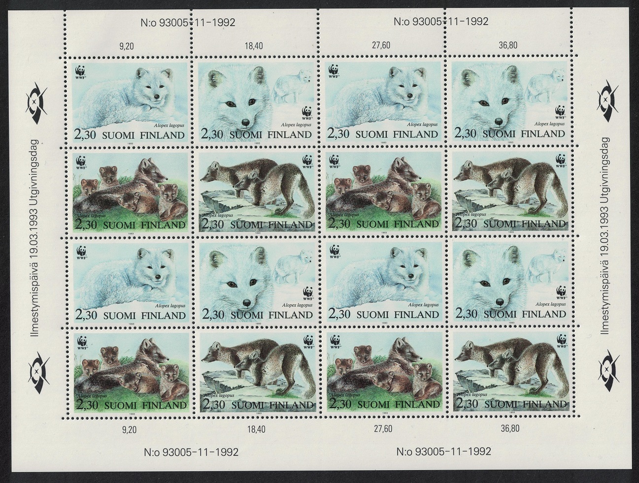 Finland WWF Arctic Fox Sheetlet of 4 sets 1993 MNH SG#1310-1313 MI#1202-1205 Sc#907 a-d