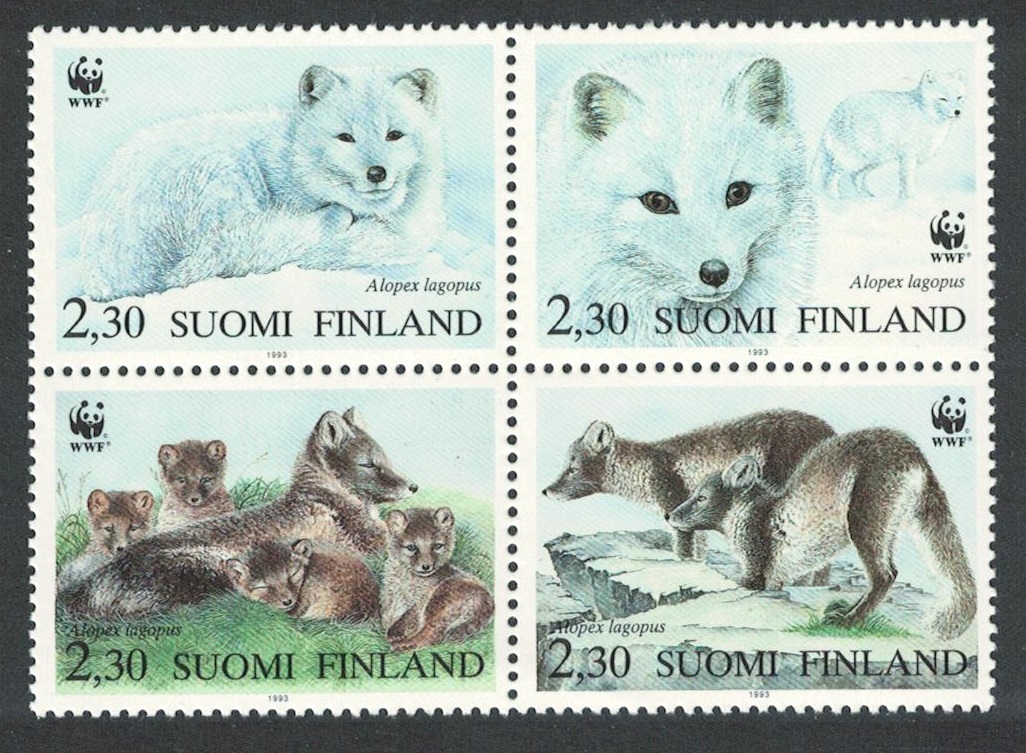 Finland WWF Arctic Fox 4v Block of 4 1993 MNH SG#1310-1313 MI#1202-1205 Sc#907 a-d