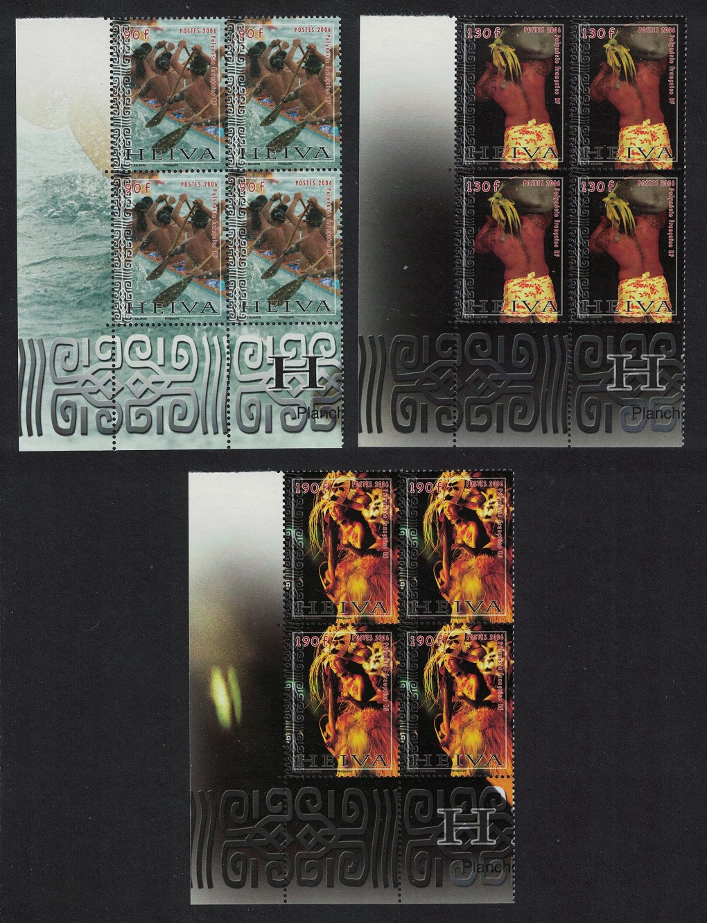 French Polynesia Heiva Canoe Tattoo Costume 3v Corner Blocks of 4 Number 2006 MNH SG#1029-1031