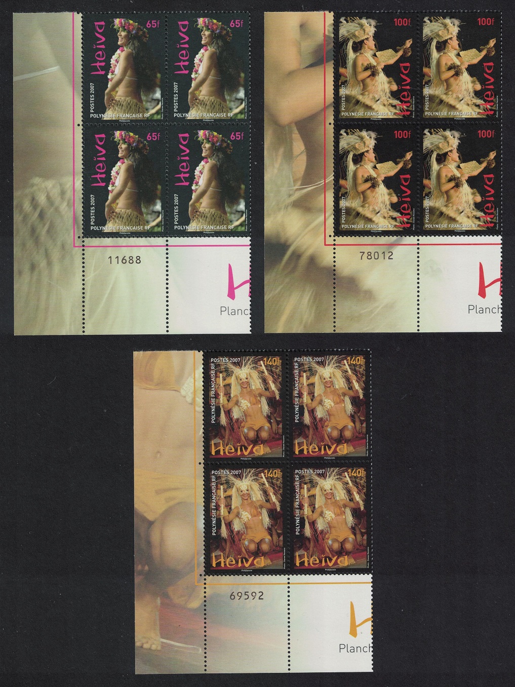 French Polynesia Dancers Heiva 2007 3v Corner Blocks of 4 Number 2007 MNH SG#1057-1059