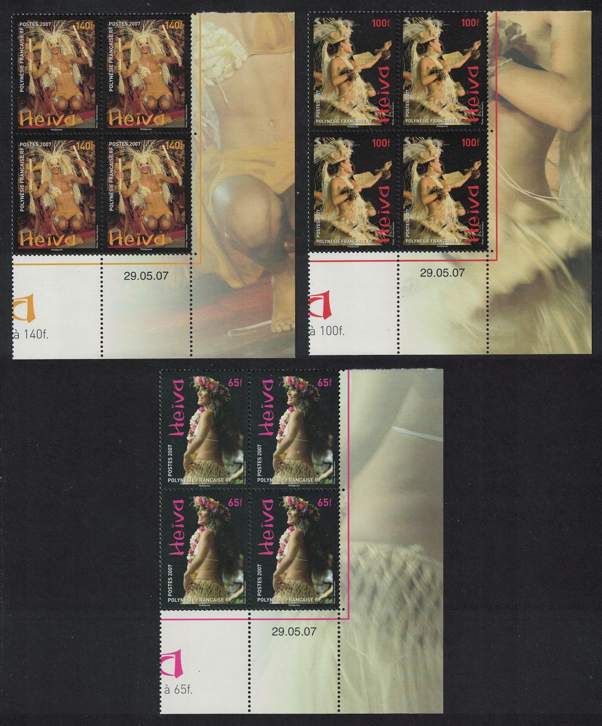 French Polynesia Dancers Heiva 2007 3v Corner Blocks of 4 Date 2007 MNH SG#1057-1059