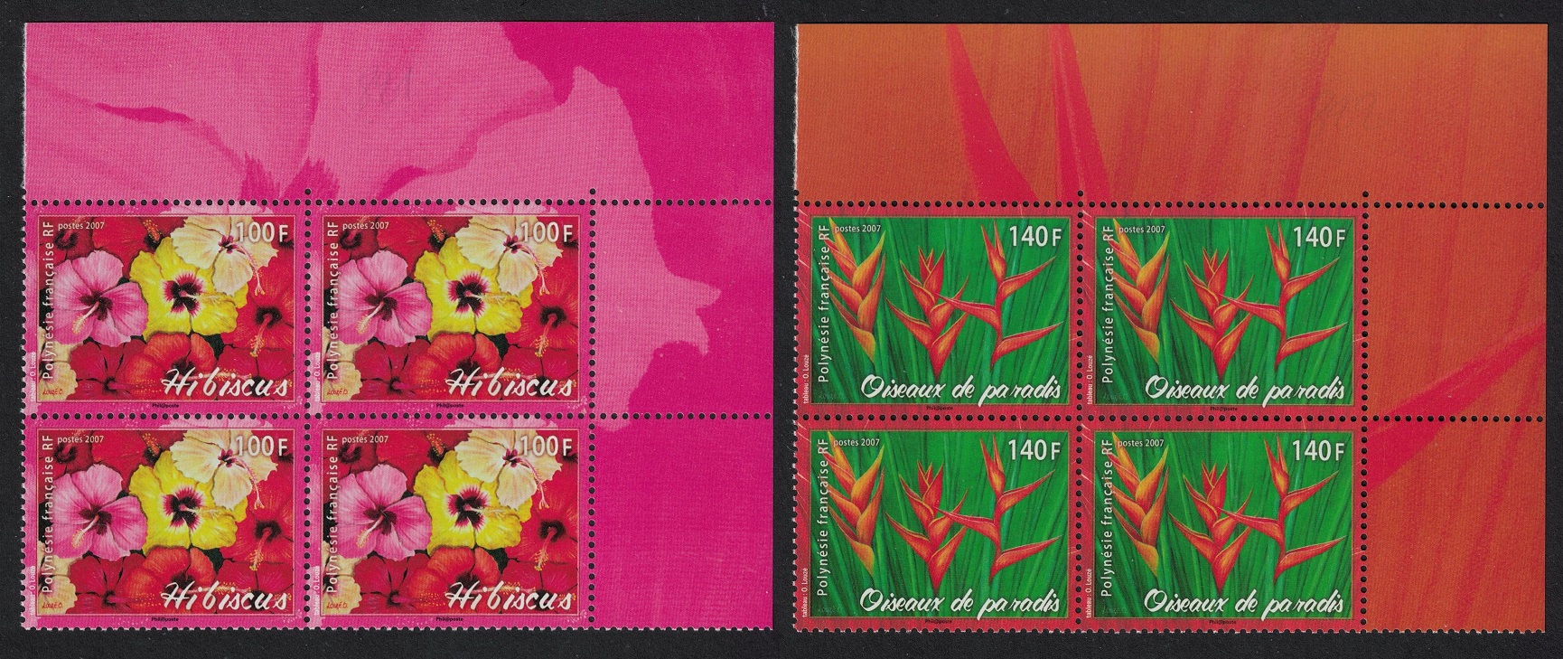 French Polynesia Hibiscus Bird of Paradise Flowers 2v Corner Blocks of 4 2007 MNH SG#1067-1068