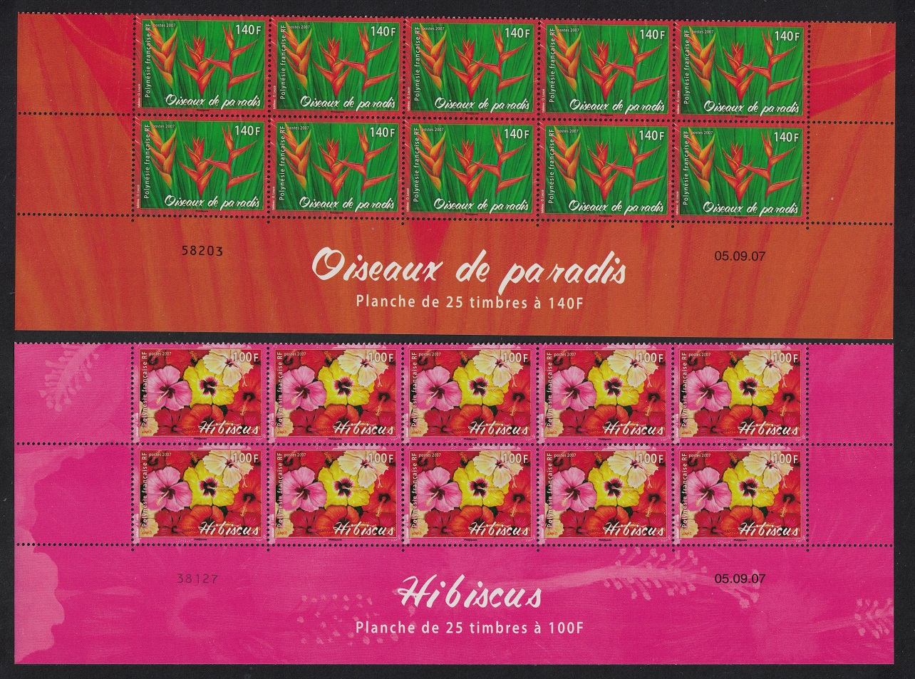 French Polynesia Hibiscus Bird of Paradise Flowers 2v Strips of 10 2007 MNH SG#1067-1068