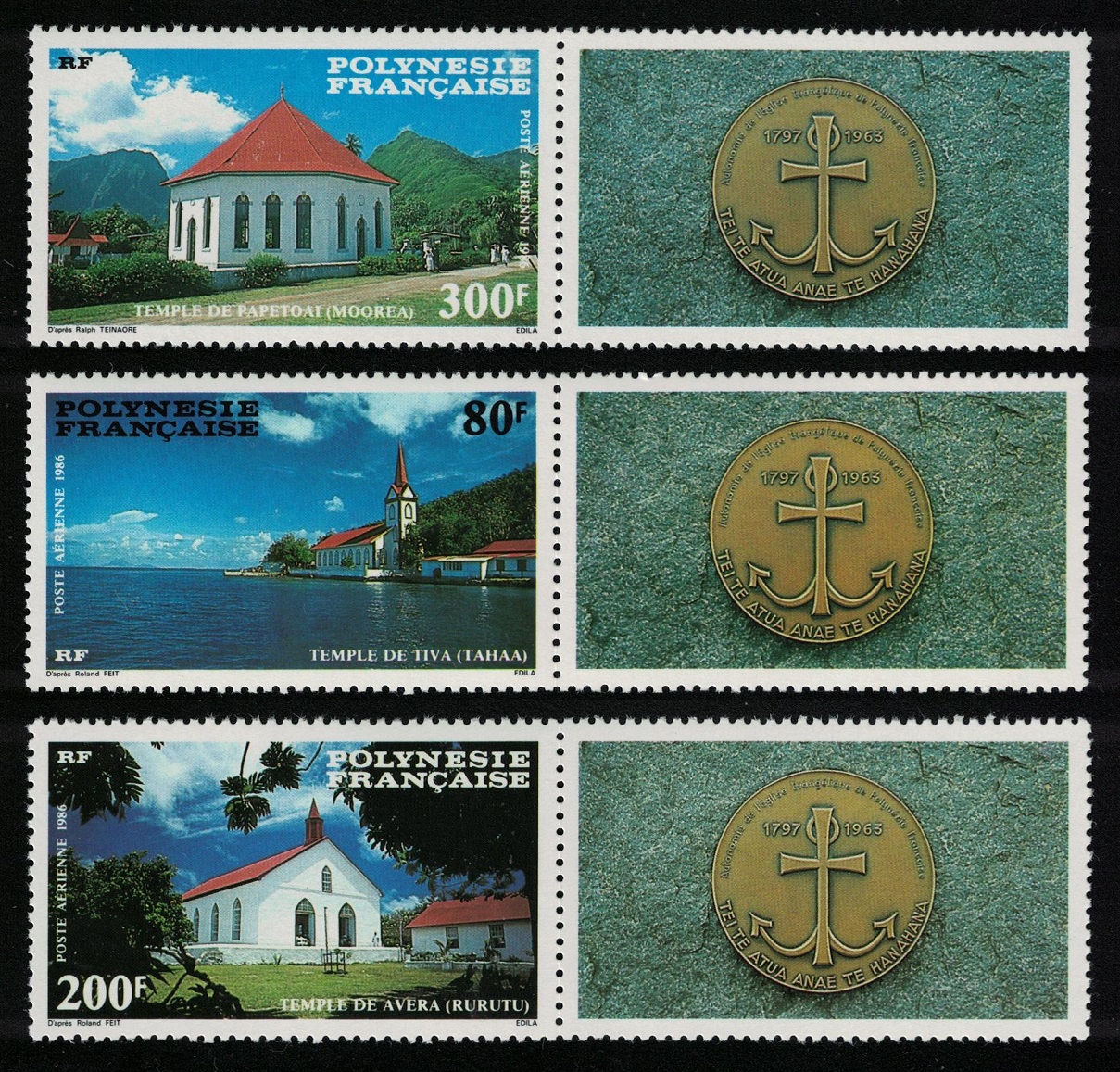 French Polynesia Protestant Churches 3v Right Margins 1986 MNH SG#495-497