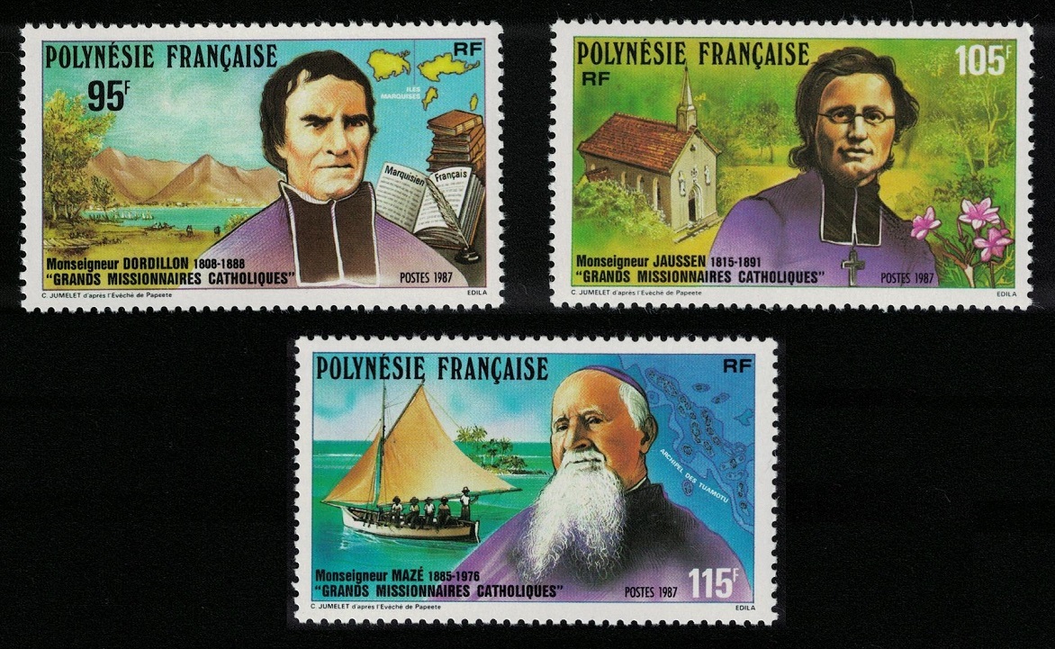 French Polynesia Catholic Missionaries Ships Church 3v 1987 MNH SG#521-523