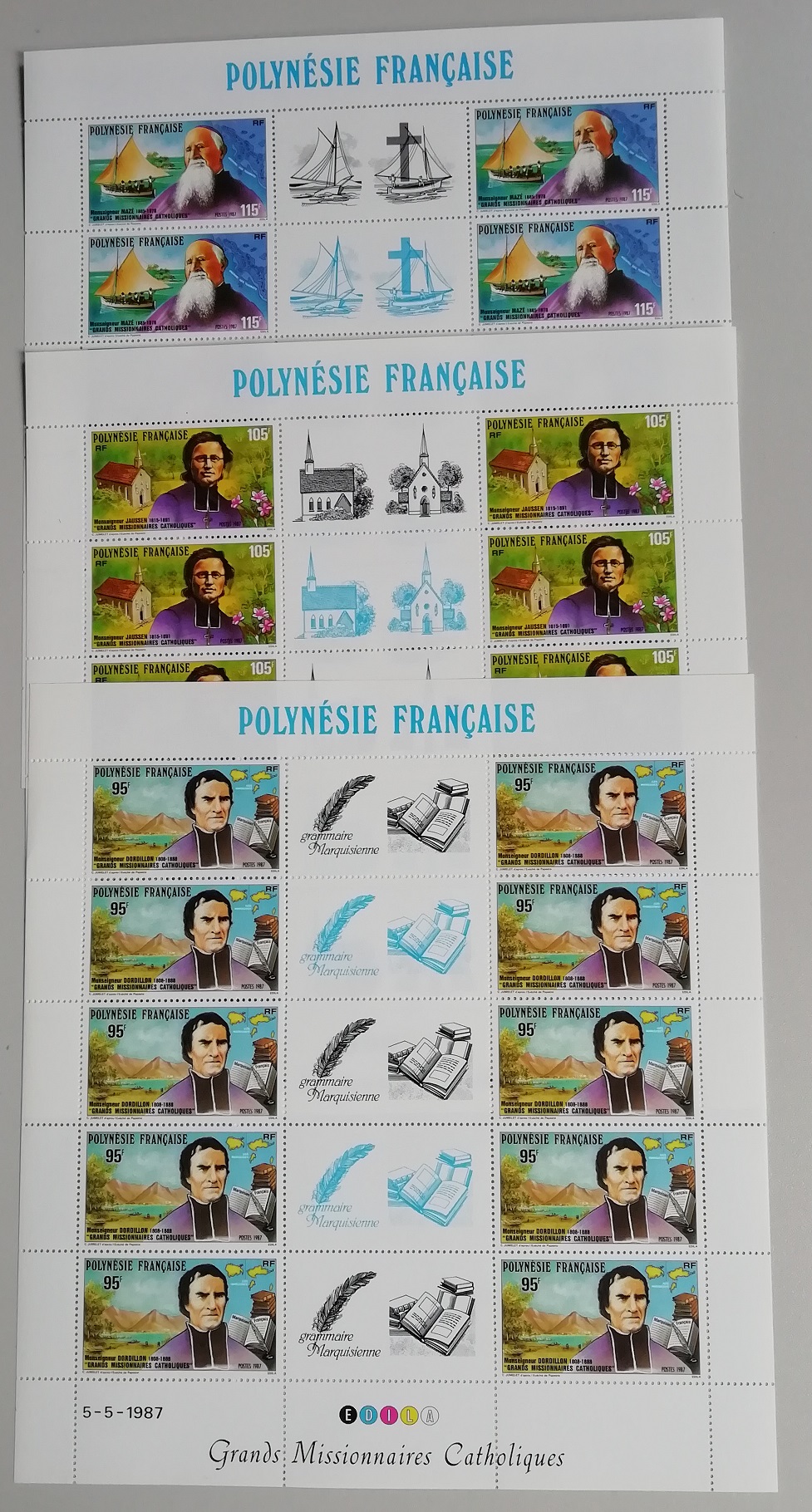 French Polynesia Catholic Missionaries Ships Church 3v Sheets 1987 MNH SG#521-523