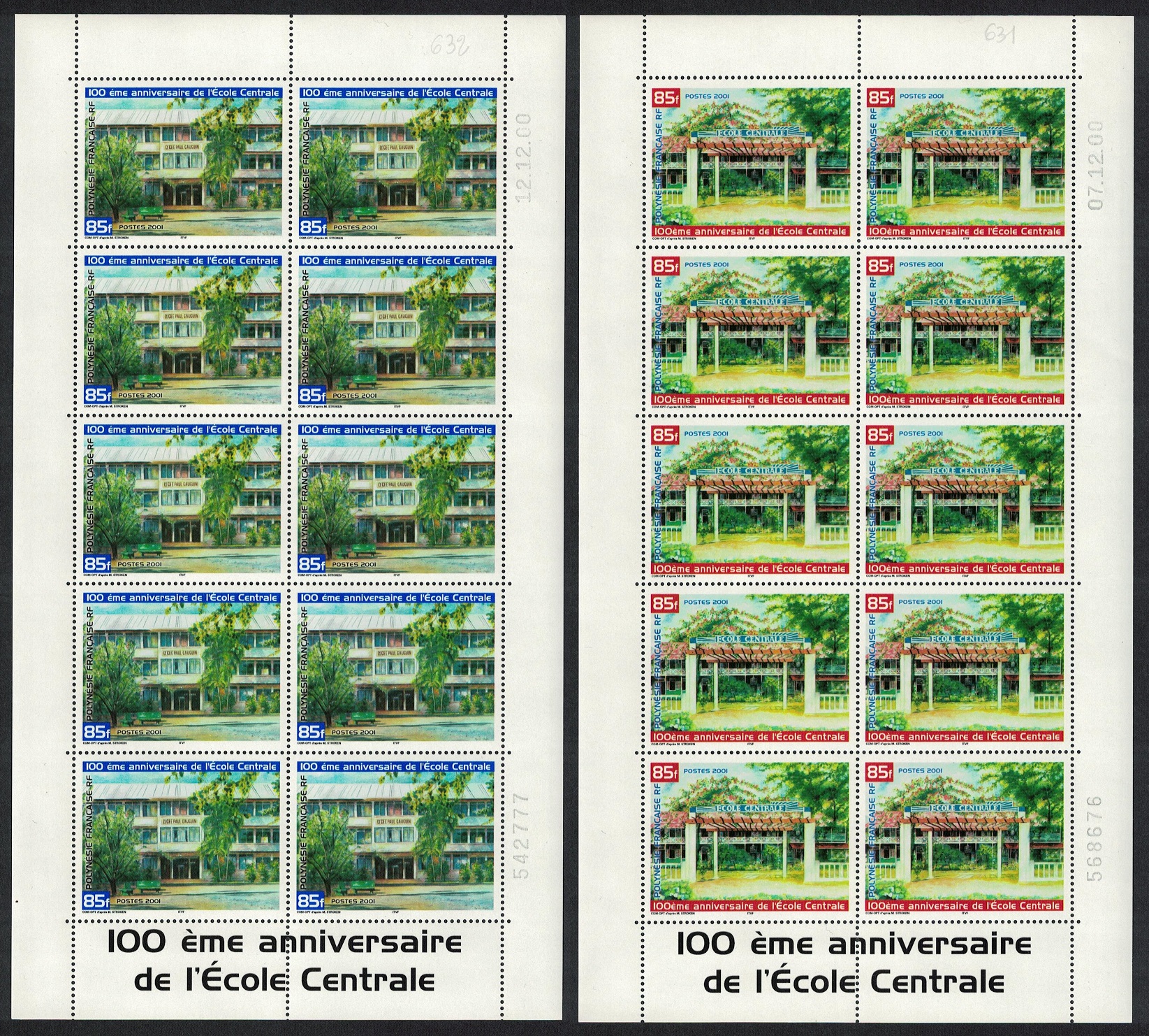 French Polynesia Ecole Centrale Full Sheets PM 2001 MNH SG#895-896