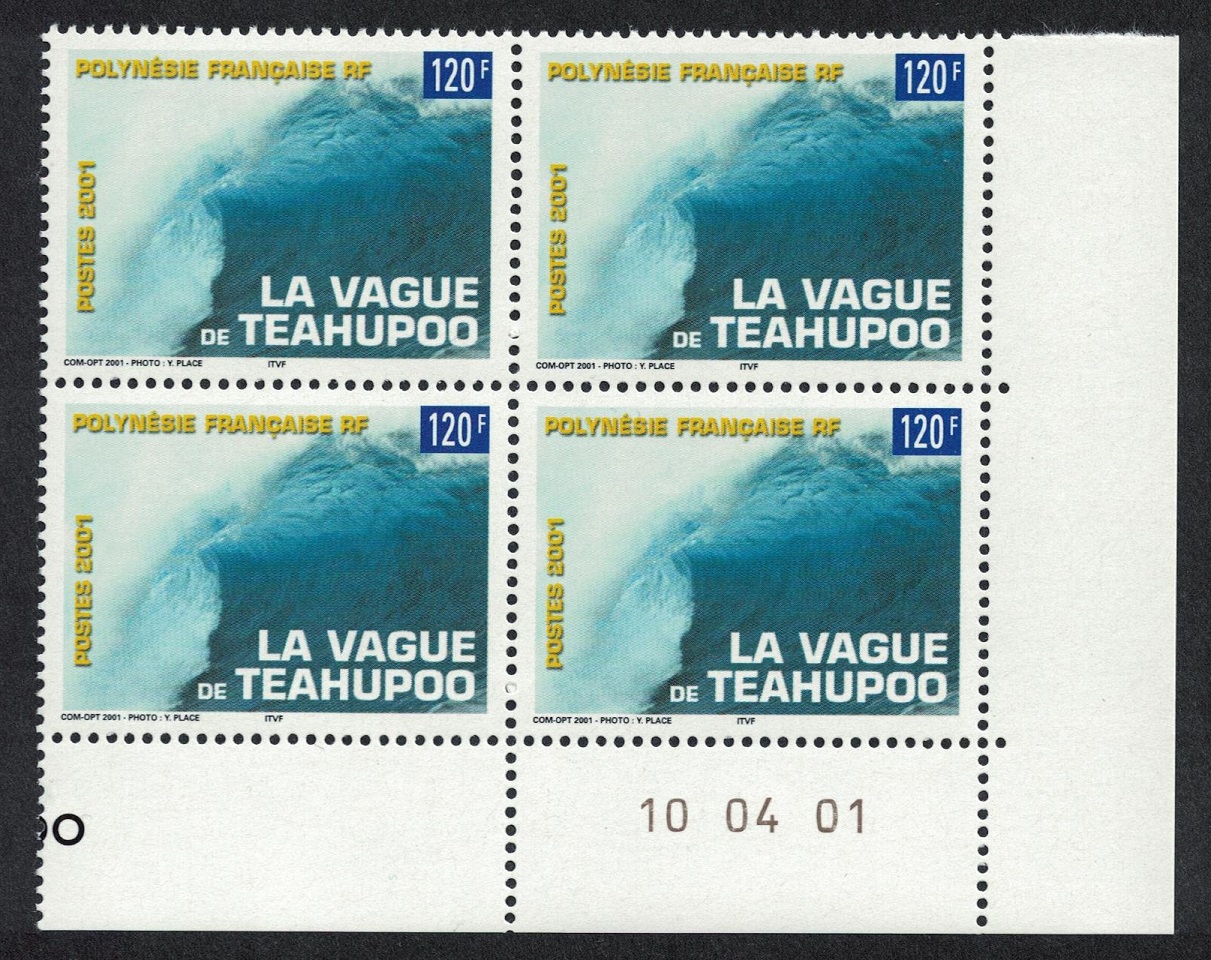 French Polynesia Teahupoo Surfing Heaviest World&#39;s Wave Corner Block of 4 2001 MNH SG#907