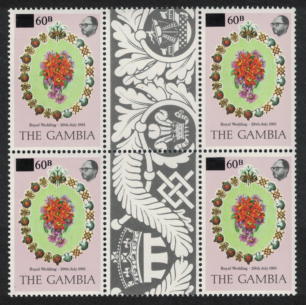 Gambia Royal Wedding surch &#39;60B&#39; Gutter Block 1982 MNH SG#467