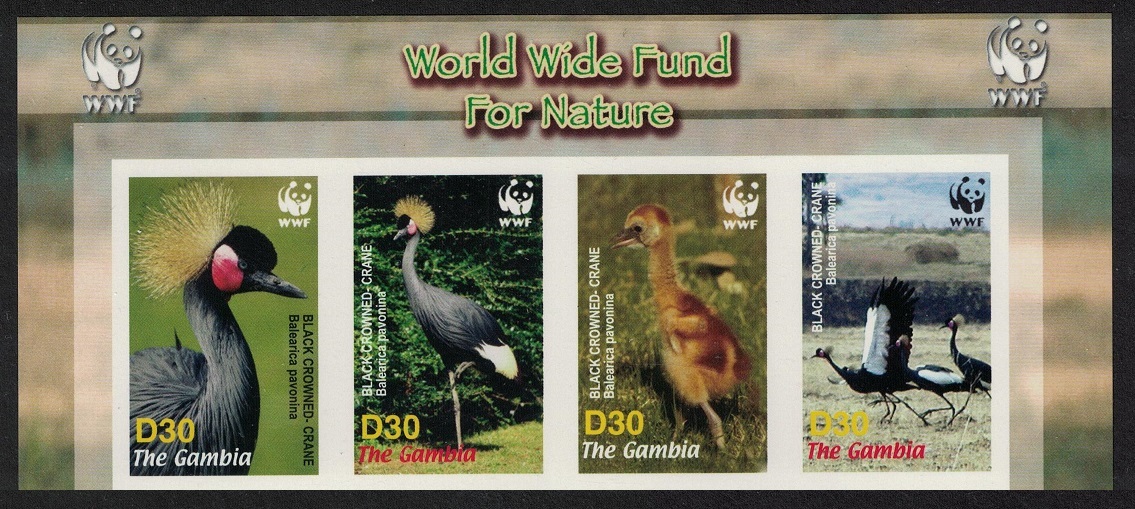 Gambia Birds WWF Black Crowned Crane Strip of 4v imperf WWF Logo 2006 MNH SG#4920-4923 MI#5631-5634 Sc#3014 a-d