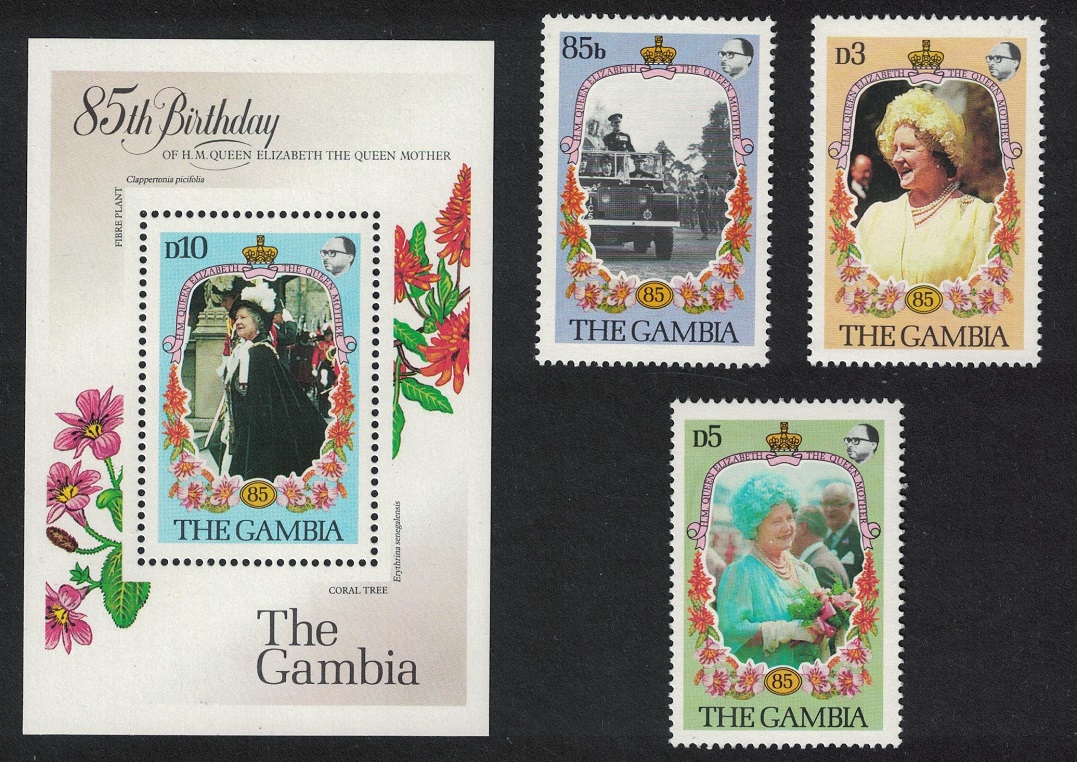 Gambia Life and Times of Queen Elizabeth the Queen Mother 3v+MS 1985 MNH SG#586-MS589