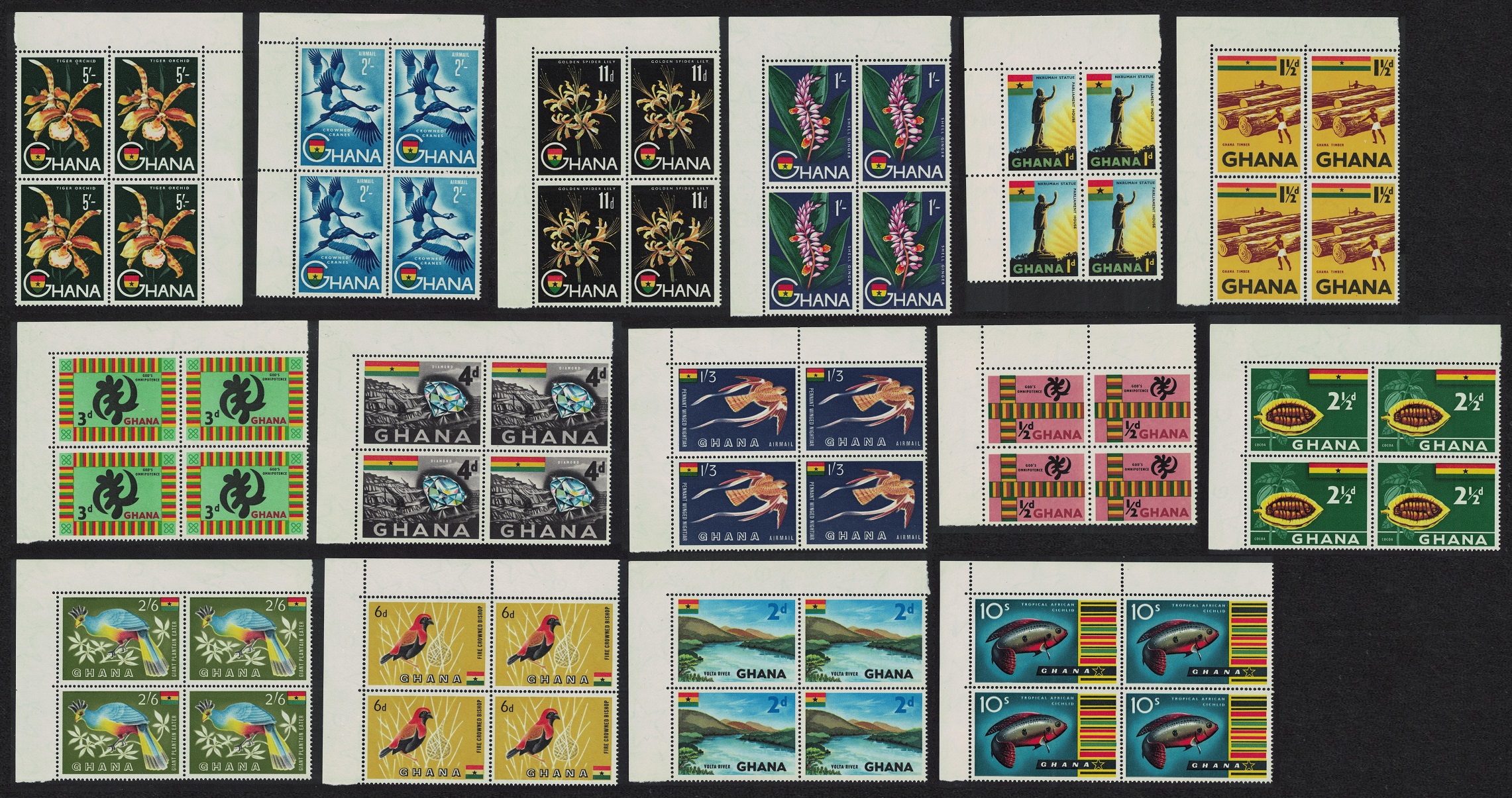 Ghana Birds Orchids Fish Definitives 15v Corner Block of 4 1959 MNH SG#213-227 Sc#48-60+C1-C2