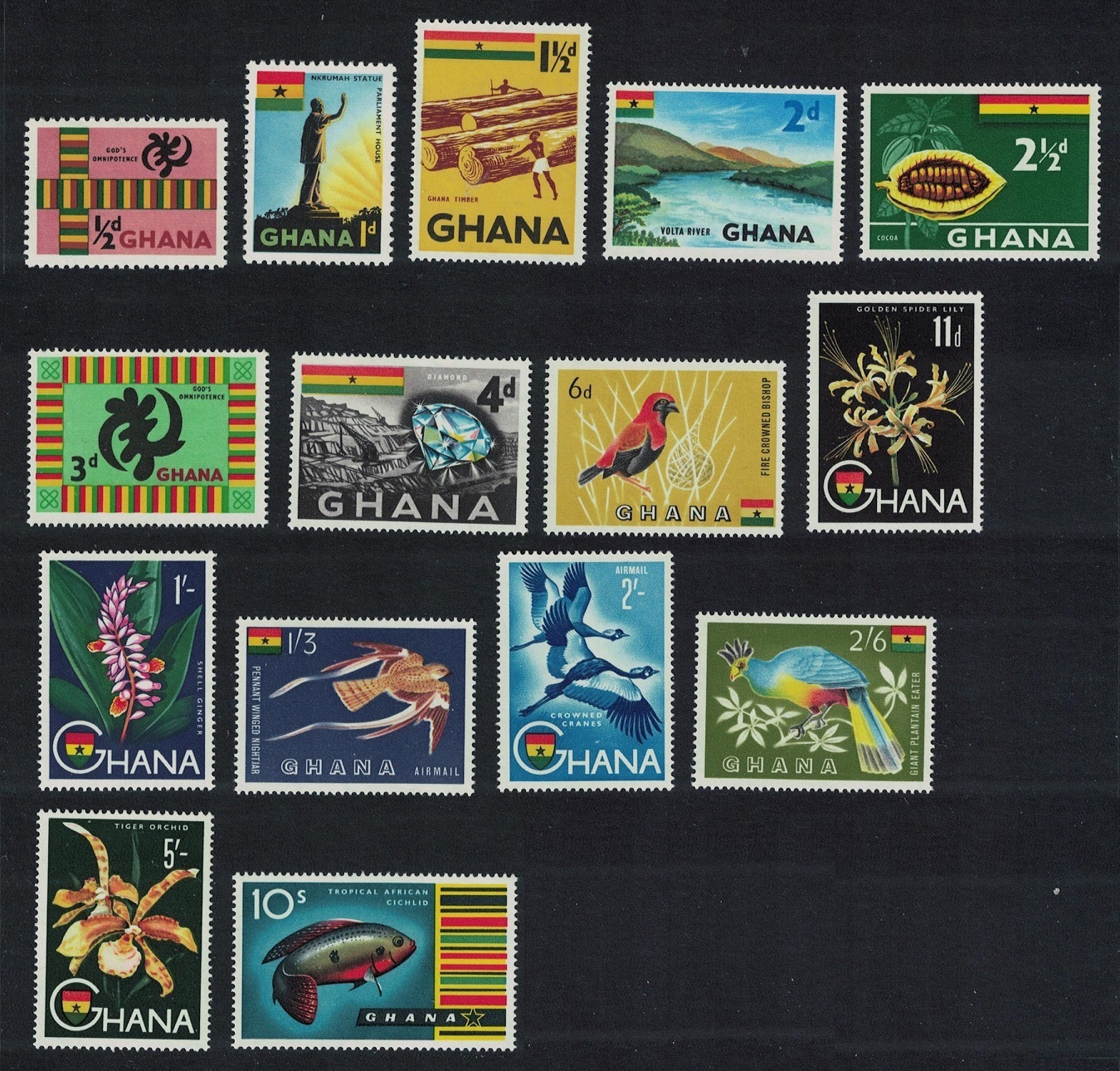 Ghana Birds Orchids Fish Definitives 15v 1959 MNH SG#213-227 Sc#48-60+C1-C2