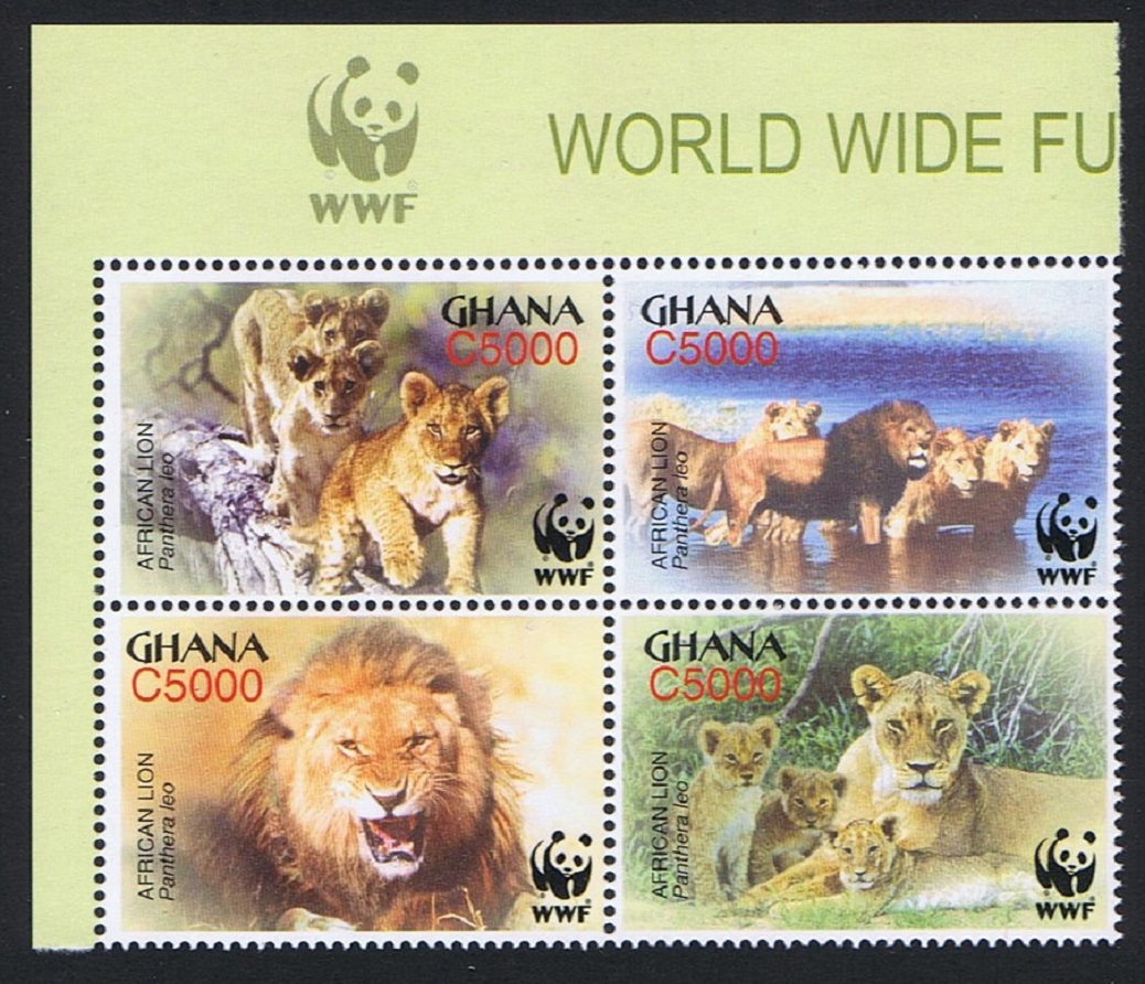 Ghana WWF African Lion 4v Corner Block of 4 WWF Logo 2004 MNH SG#3432-3435 MI#3701-3704 Sc#2433 a-d