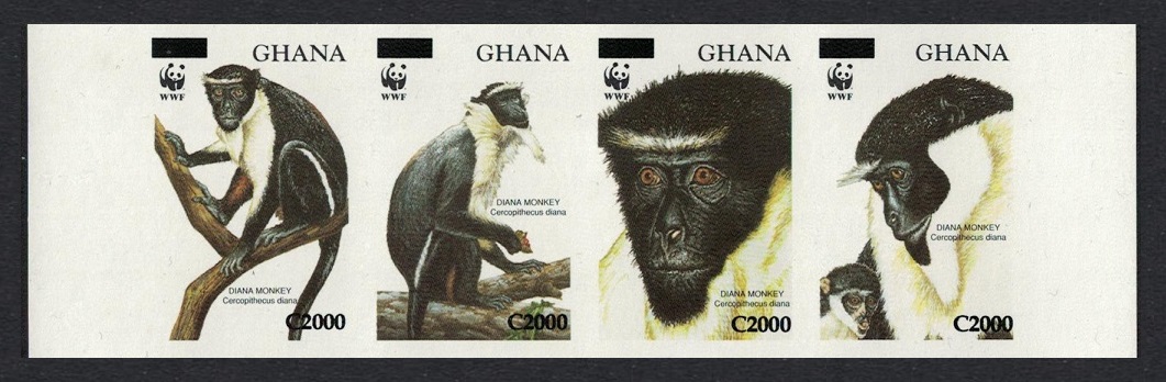 Ghana WWF Diana Monkey 4v Strip overprinted IMPERF RARR 2006 MNH SG#3574-3577 MI#3885-3888