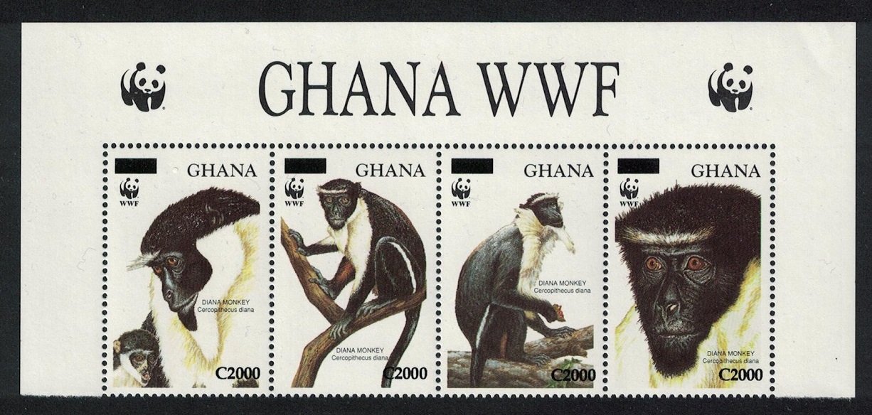 Ghana WWF Diana Monkey 4v Top Strip overprinted WWF Logo RARR 2006 MNH SG#3574-3577 MI#3885-3888