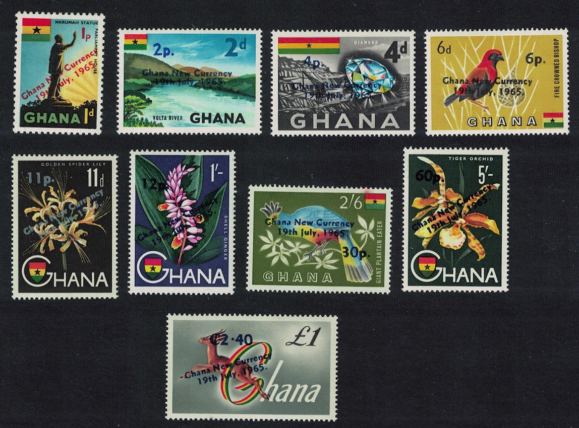 Ghana Birds Antelope Surcharge &#39;Ghana New Currency 19th July 1965&#39; 9v 1965 MNH SG#381=393