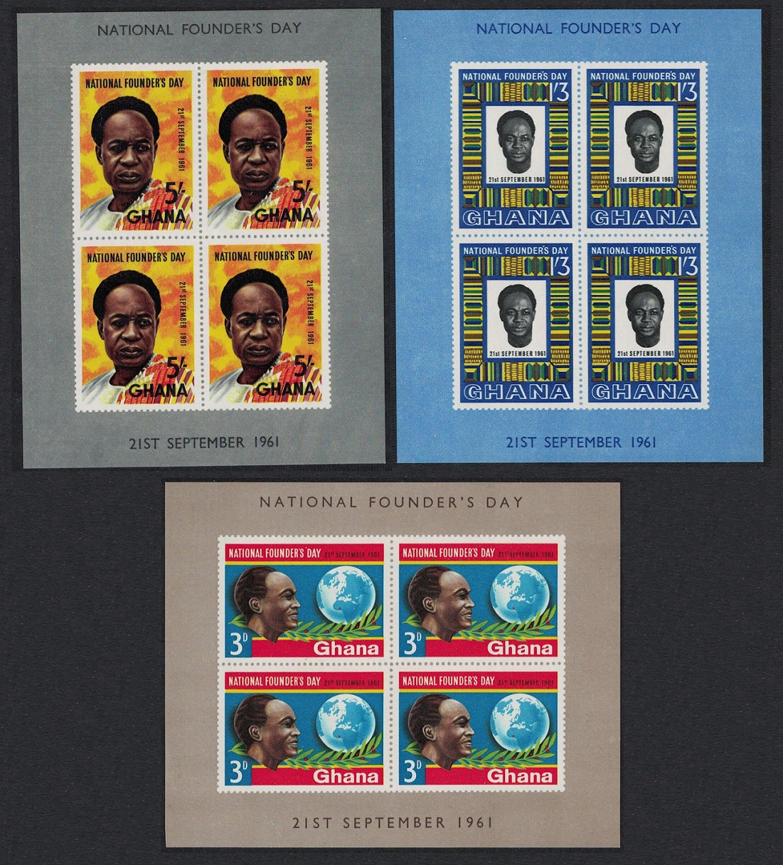 Ghana Founder&#39;s Day 3 MSs 1961 MNH SG#MS270a MI#Block 3-5