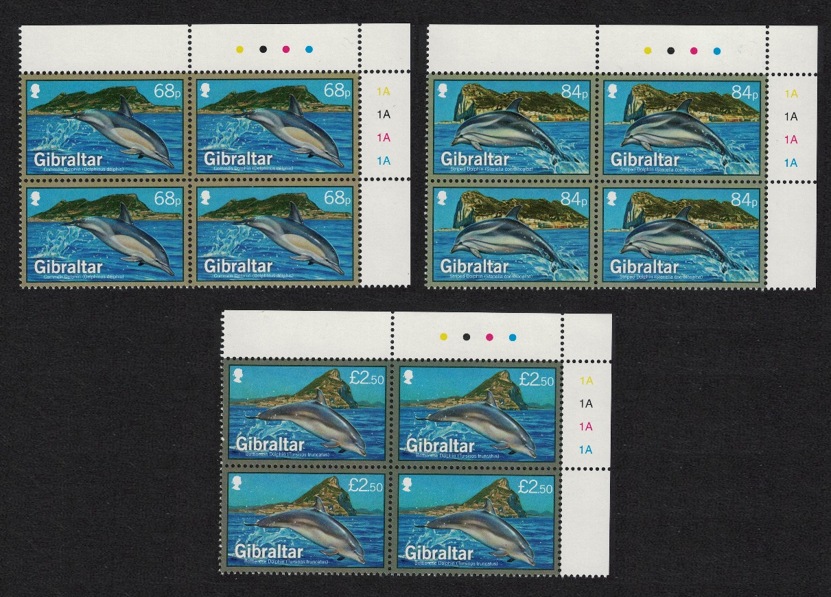 Gibraltar Dolphins 3v High Values Corner Blocks of 4 FV£16.08 2014 MNH SG#1584-1586