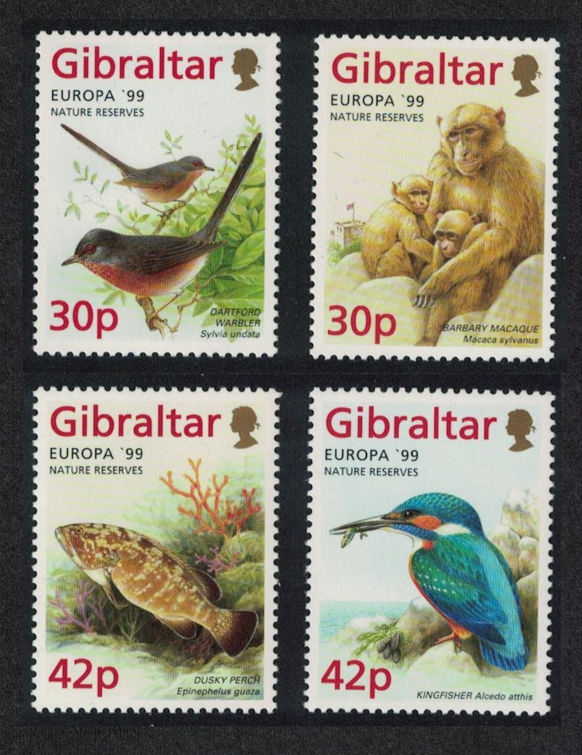 Gibraltar Warbler Kingfisher Birds Monkey Grouper Fish 4v 1999 MNH SG#853-856 Sc#794-797