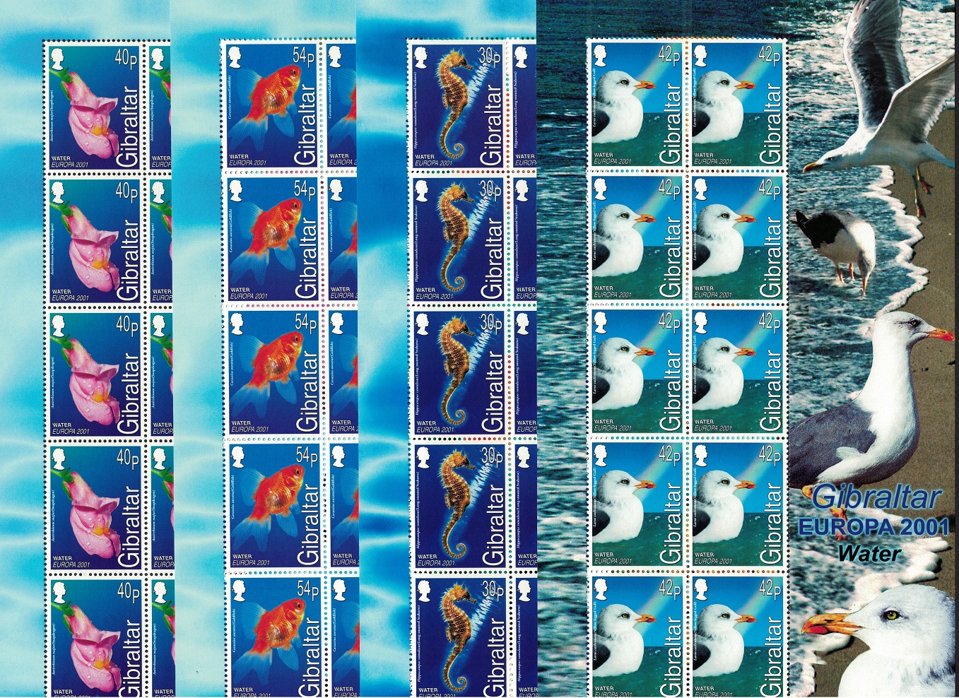 Gibraltar Gull Bird Seahorse Goldfish Fishes Snapdragon Flower 4v Sheets 2001 MNH SG#968-971