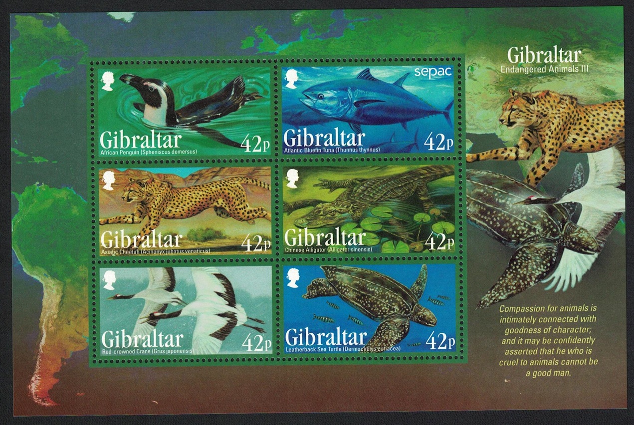 Gibraltar Penguin Crane Birds Cheetah Tuna Fish Alligator Turtle MS 2013 MNH SG#MS1537