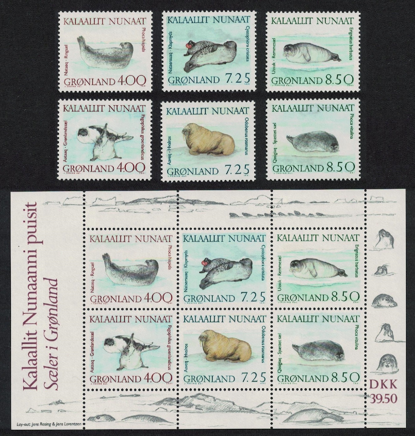 Greenland Walrus Seals Marine Mammals 6v+MS 1991 MNH SG#228-MS234