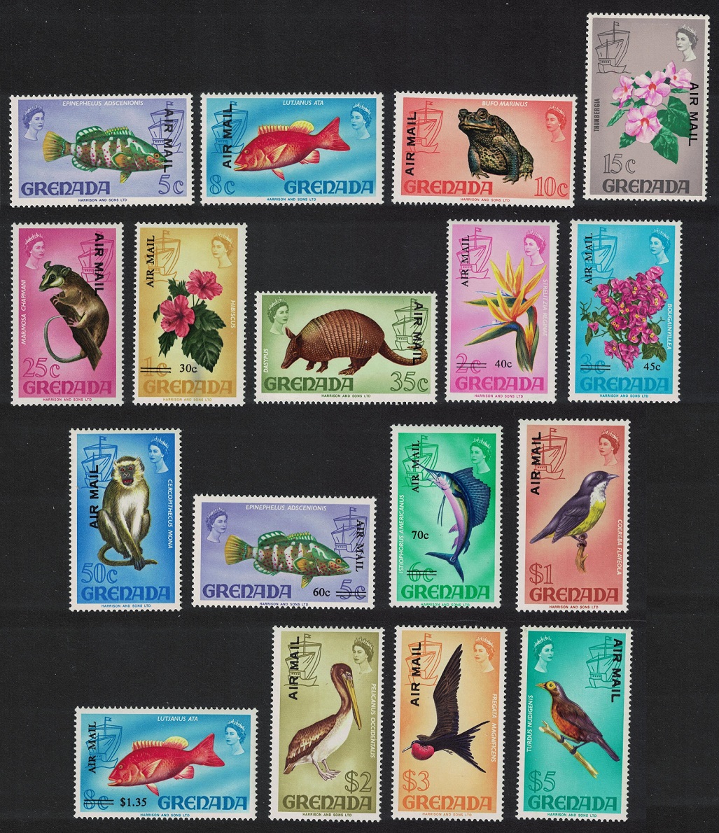 Grenada Birds Fauna Animals Flowers Optd &#39;AIR MAIL&#39; 17v 1972 MNH SG#501-517