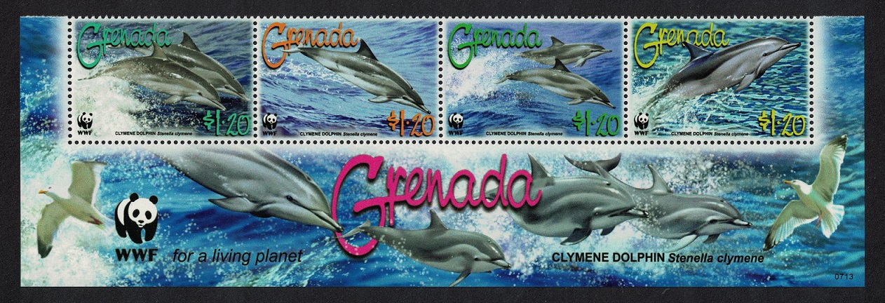 Grenada WWF Clymene Dolphin Strip of 4v WWF Logo 2007 MNH SG#5288-5291 MI#5925-5928 Sc#3654a-d