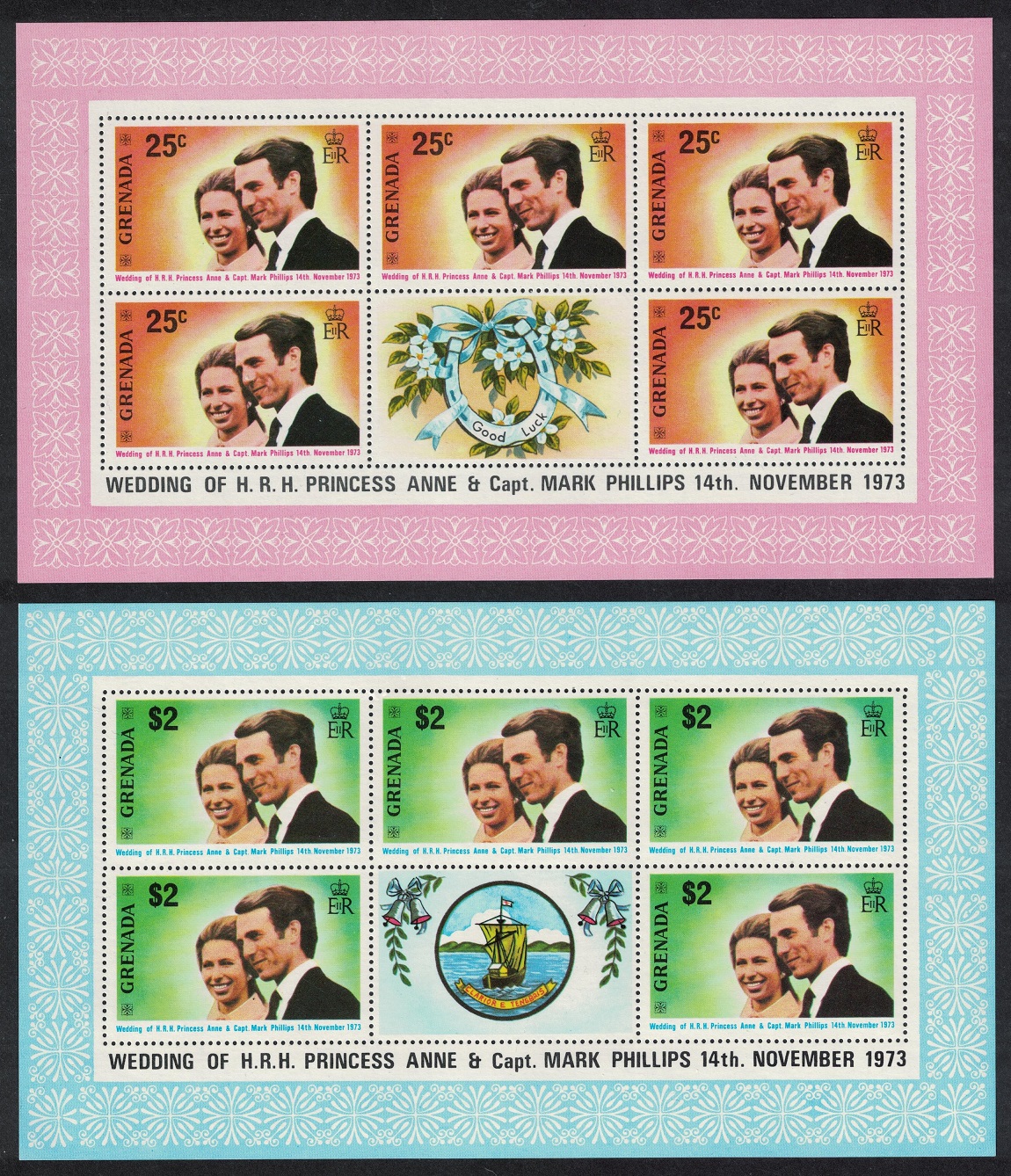 Grenada Princess Anne Royal Wedding 2v Sheetlets 1973 MNH SG#582-583