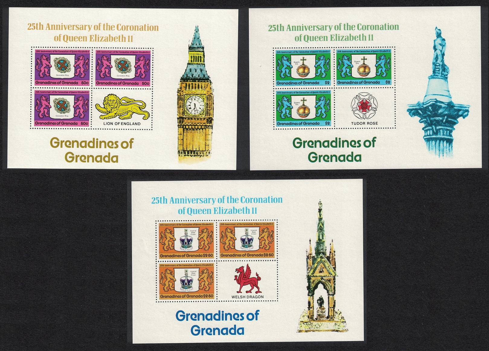 Grenada Grenadines 25th Anniversary of Coronation 3 Sheetlets 1978 MNH SG#272-274