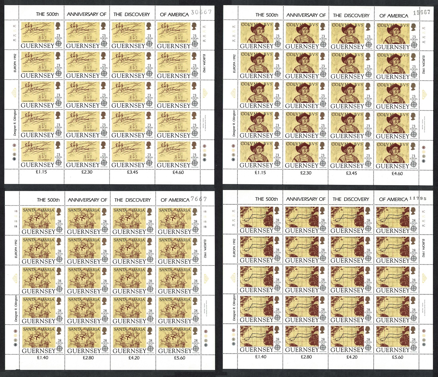 Guernsey Columbus Discovery of America 4v Sheetlets of 20 1992 MNH SG#556-559