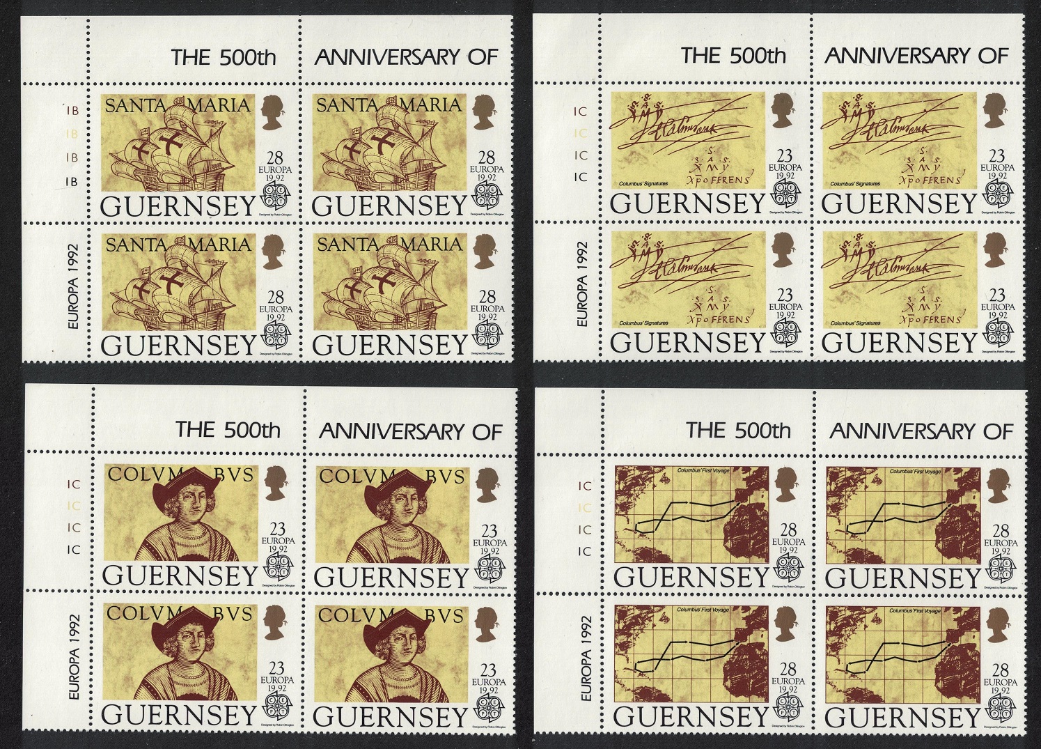 Guernsey Discovery of America by Columbus 4v Corner Blocks of 4 1992 MNH SG#556-559