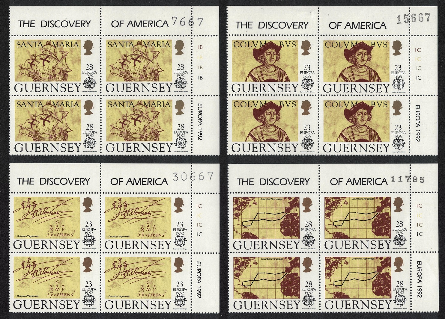 Guernsey Discovery of America by Columbus 4v Corner Blocks of 4 Number 1992 MNH SG#556-559