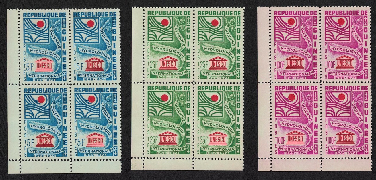 Guinea UNESCO International Hydrological Decade 3v Blocks of 4 1966 MNH SG#558-560