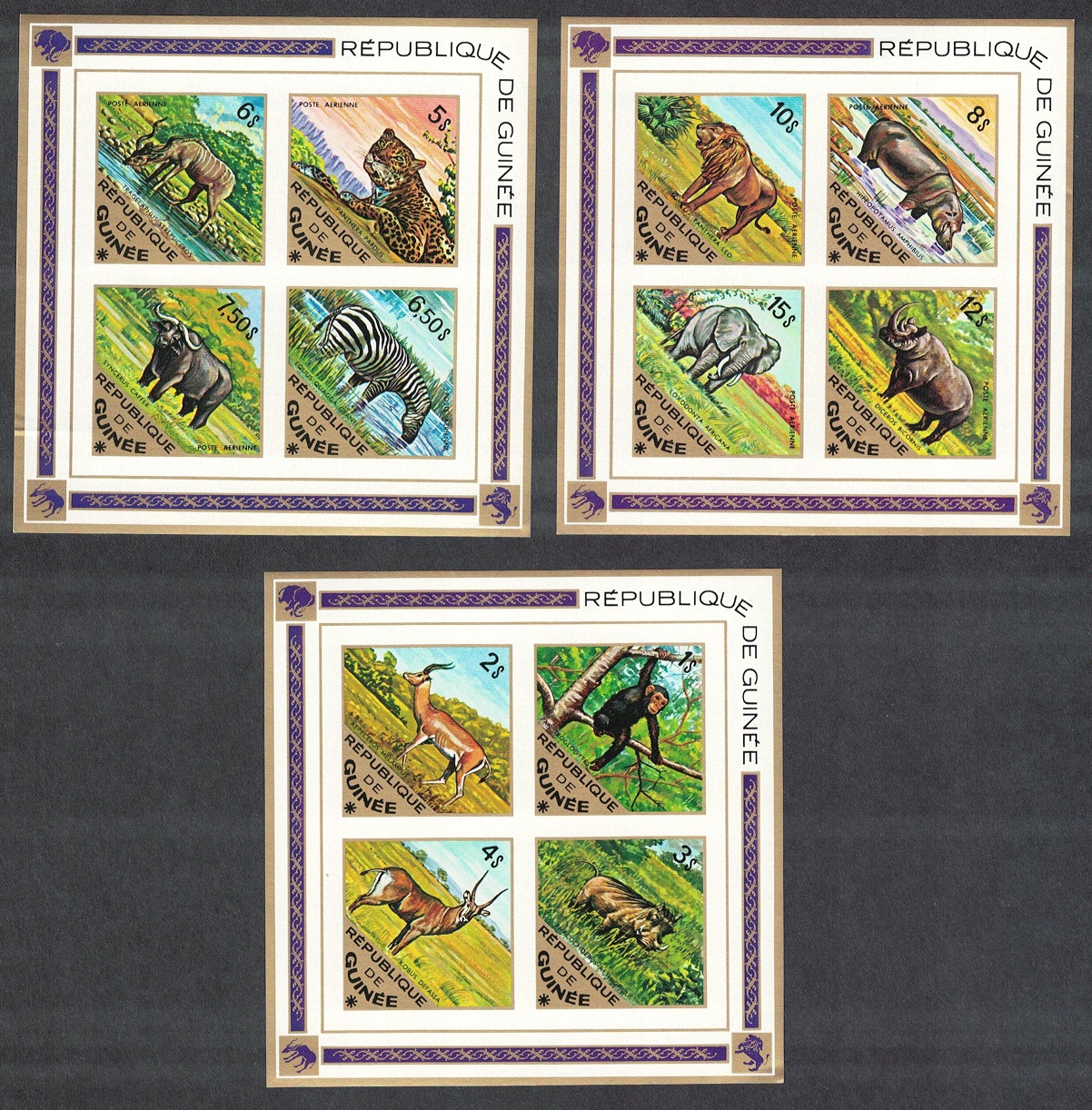 Guinea Elephant Leopard Zebra Monkey Wild Animals 3 MSs IMPERF 1975 MNH SG#MS883 MI#Blocks 39B-41B