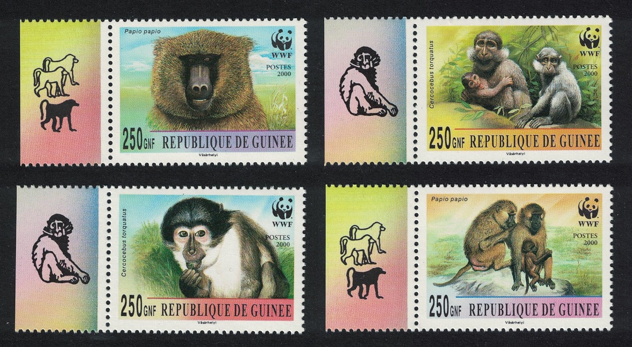 Guinea WWF Mangabey and Baboon 4v Margins 2000 MNH