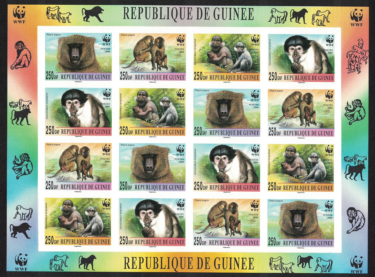 Guinea WWF Mangabey and Baboon Imperf Sheetlet of 4 sets 2000 MNH