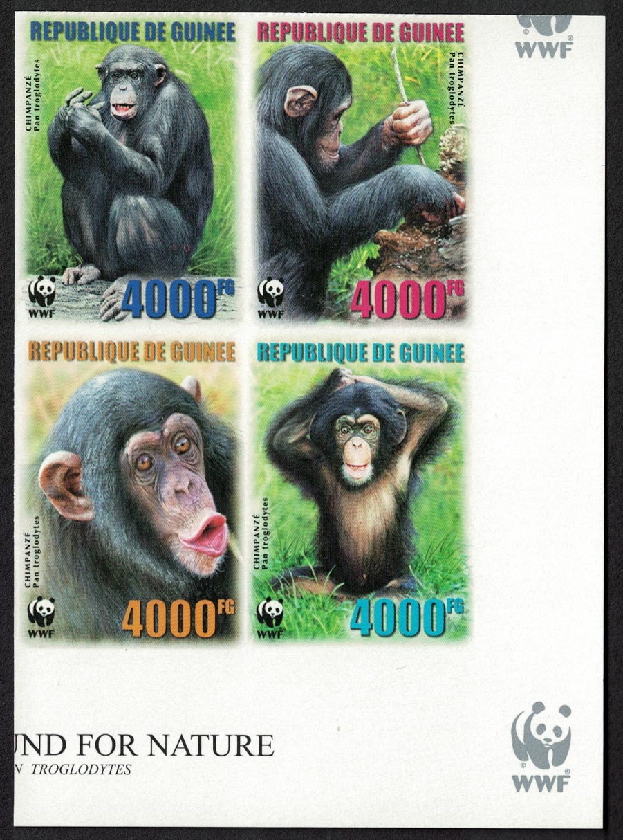 Guinea WWF Chimpanzee 4 Imperf Corner block of 4 WWF Logo 2006 MNH MI#4222B-4225B