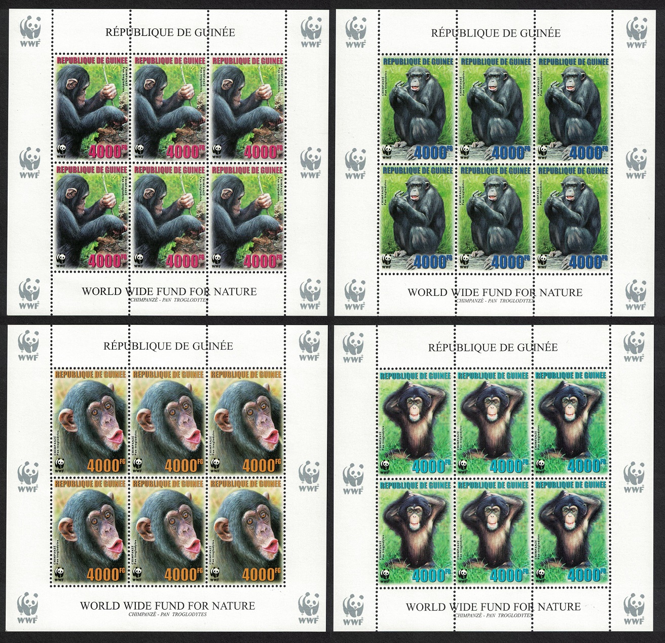 Guinea WWF Chimpanzee 4 Sheetlets of 6v 2006 MNH MI#4222-4225