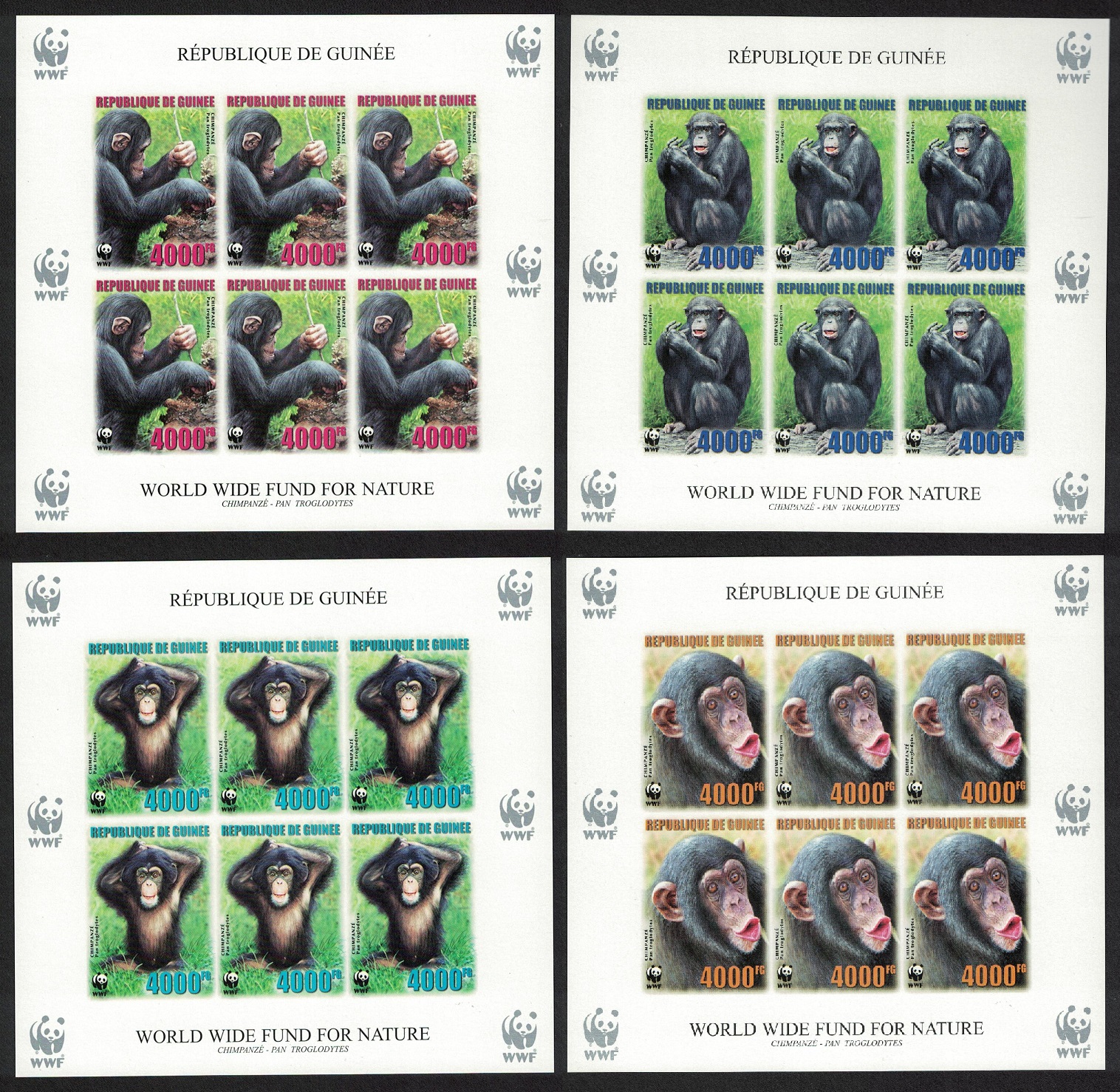 Guinea WWF Chimpanzee 4 Imperf Sheetlets of 6 stamps 6 sets 2006 MNH MI#4222B-4225B