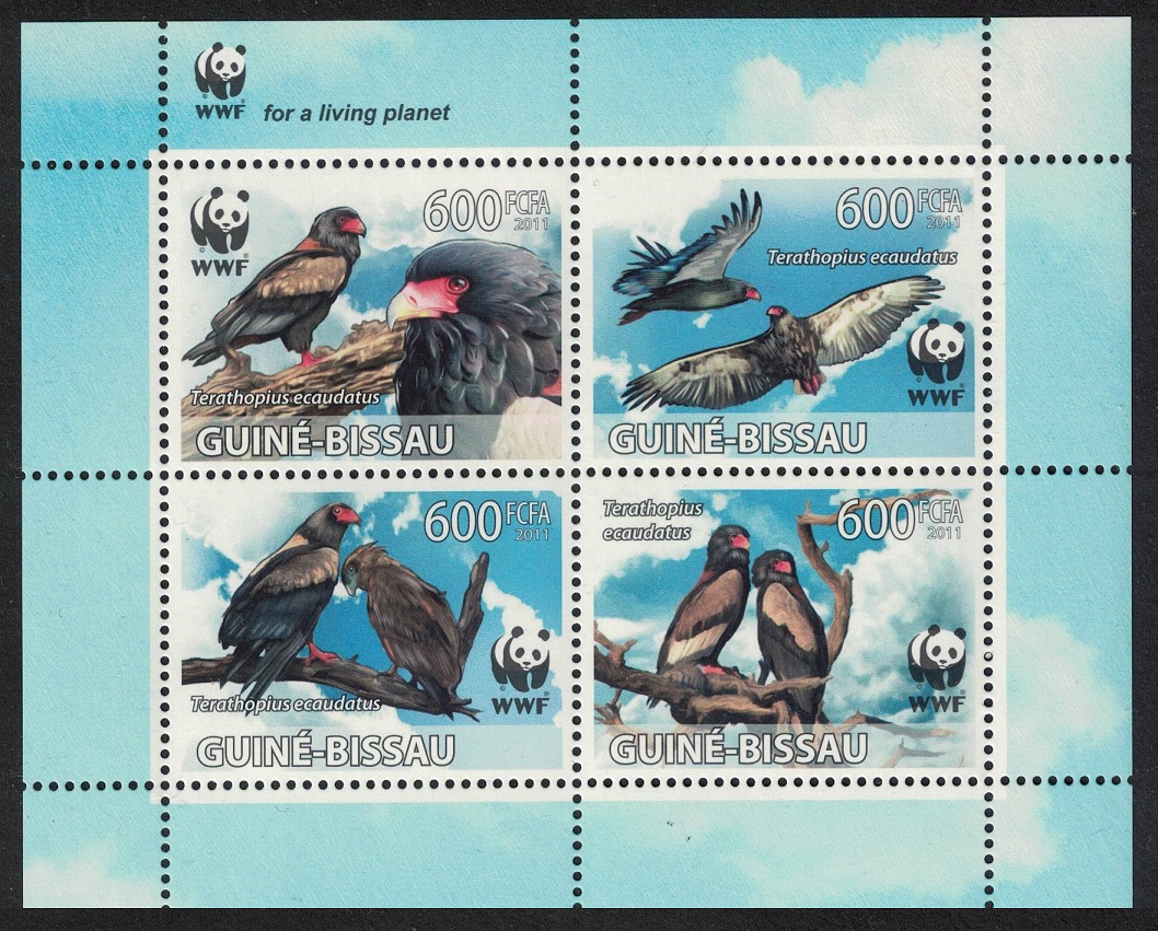 Guinea-Bissau Bateleur Eagle &#39;Terathopius ecaudatus&#39; Bird WWF Block of 4 2011 MNH