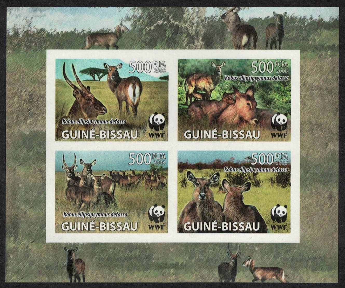 Guinea-Bissau WWF Defassa Waterbuck 4 Imperf stamps in block 2*2 2008 MNH MI#3919-3922