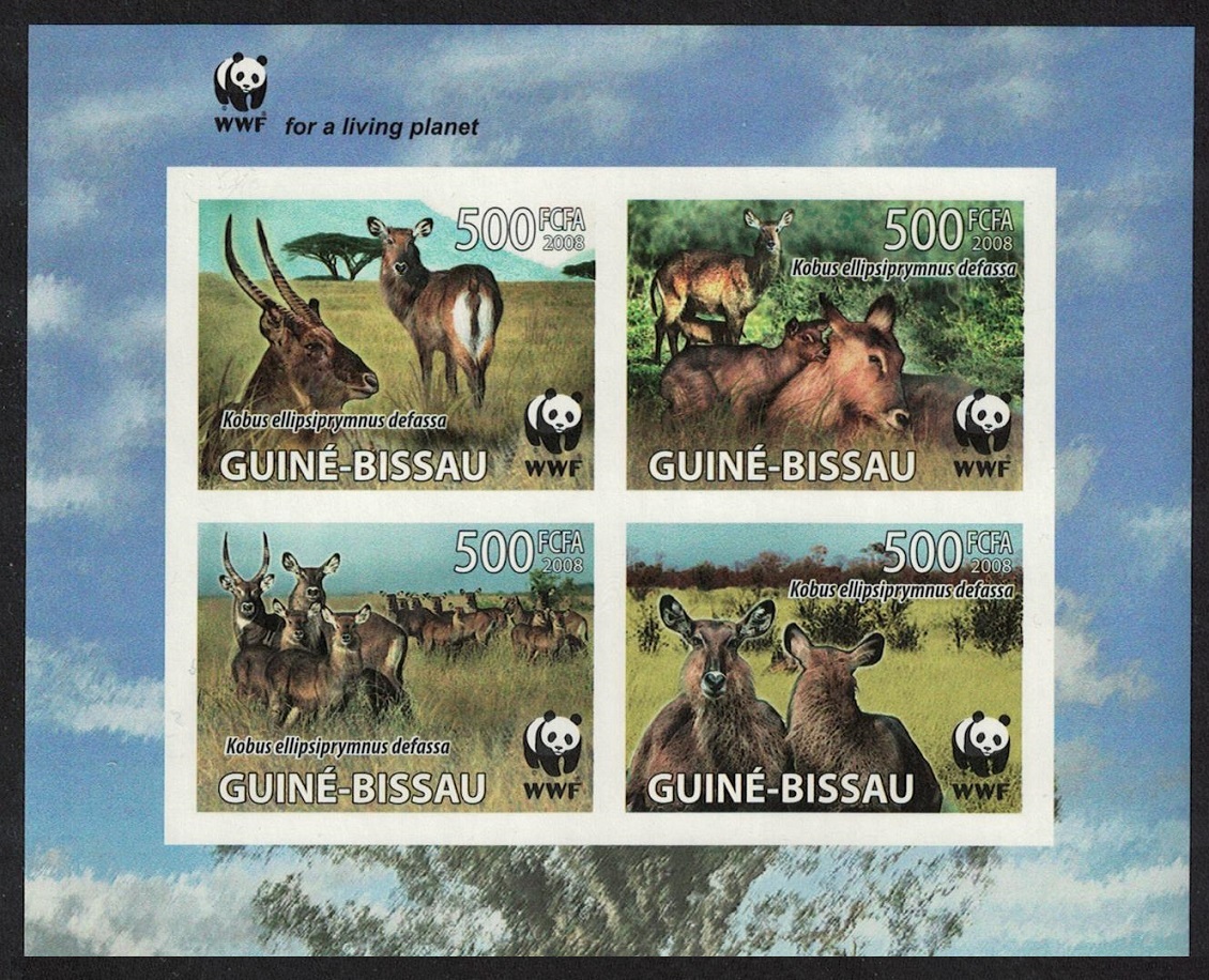 Guinea-Bissau WWF Defassa Waterbuck 4 Imperf stamps in block 2*2 Logo 2008 MNH MI#3919-3922