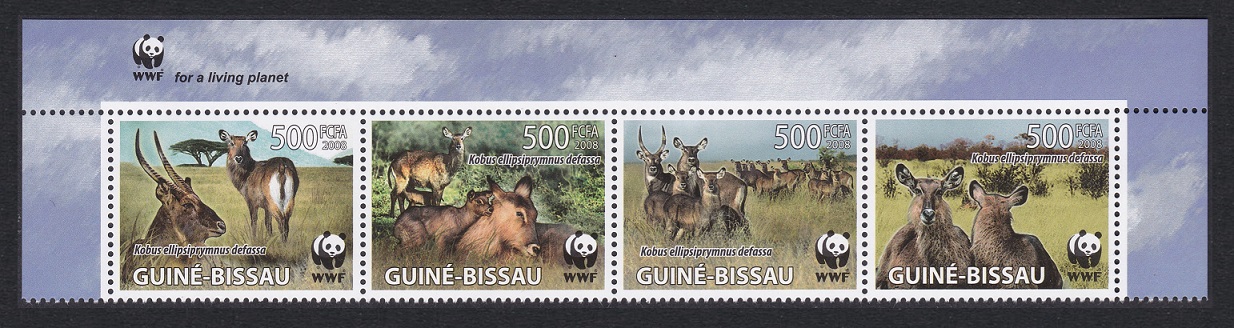 Guinea-Bissau WWF Defassa Waterbuck Top Strip of 4v WWF Logo 2008 MNH MI#3919-3922