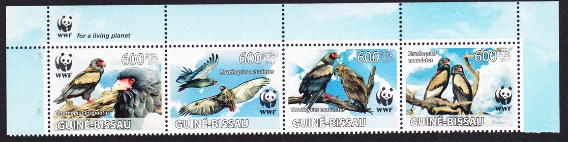 Guinea-Bissau Bateleur Eagle Bird WWF strip of 4v Logo 2011 MNH