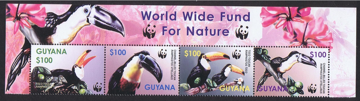 Guyana Birds WWF Toucans Top Strip of 4v WWF Logo 2003 MNH SG#6406-6409 MI#7626-7629 Sc#3792 a-d