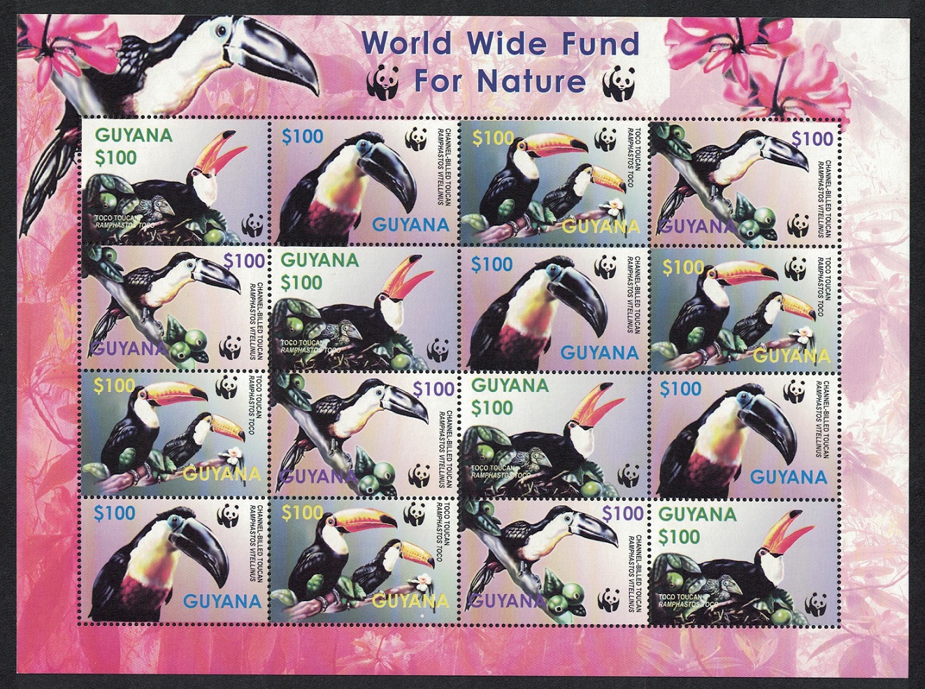 Guyana Birds WWF Toucans Sheetlet of 4 sets 2003 MNH SG#6406-6409 MI#7626-7629 Sc#3792 a-d