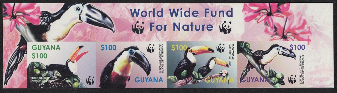 Guyana Birds WWF Toucans Imperf Top Strip of 4v 2003 MNH SG#6406-6409 MI#7626-7629 Sc#3792 a-d