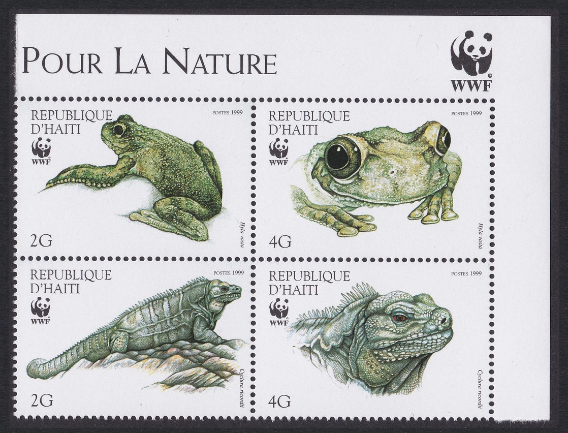 Haiti WWF Iguana Tree-frog Corner Block of 4v WWF Logo 1999 MNH SG#1636-1639 MI#1588-1591 Sc#913 a-d